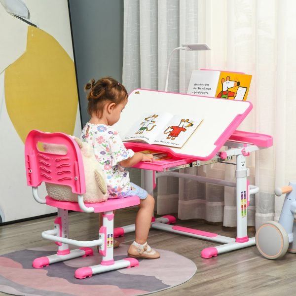 Secretária Infantil com Altura Ajustável Mesa Inclinável Gaveta Lâmpada LED e Suporte para Lápis