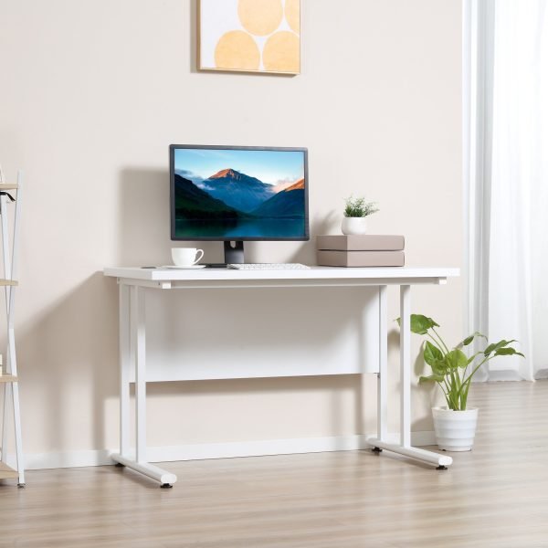 Secretária de Computador Moderna com 2 Orifícios para Passar Cabos com Pés Ajustáveis Secretária Multifuncional para Escritório Estúdio 120x60x75cm Branco