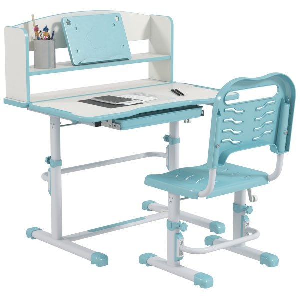Secretária para Crianças com Altura Ajustável com 1 Gaveta 1 Prateleira para Livros e Ângulo da Mesa Ajustável 80x54