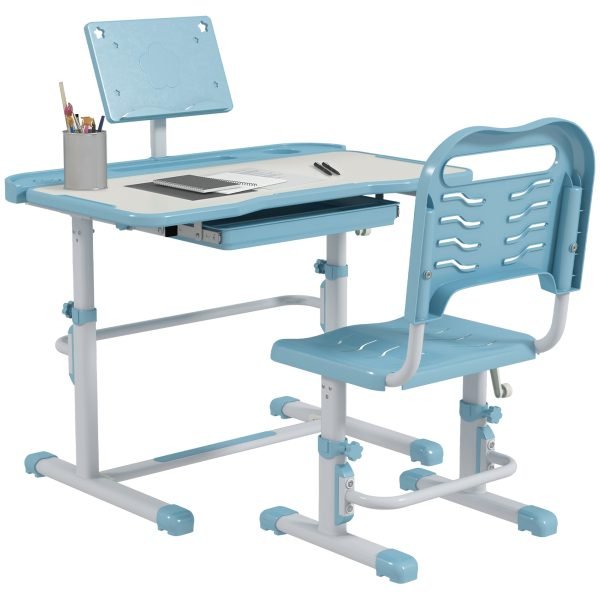 Secretária para Crianças com Altura Ajustável com 1 Gaveta Prateleira para Livros e Ângulo da Mesa Ajustável 80x49
