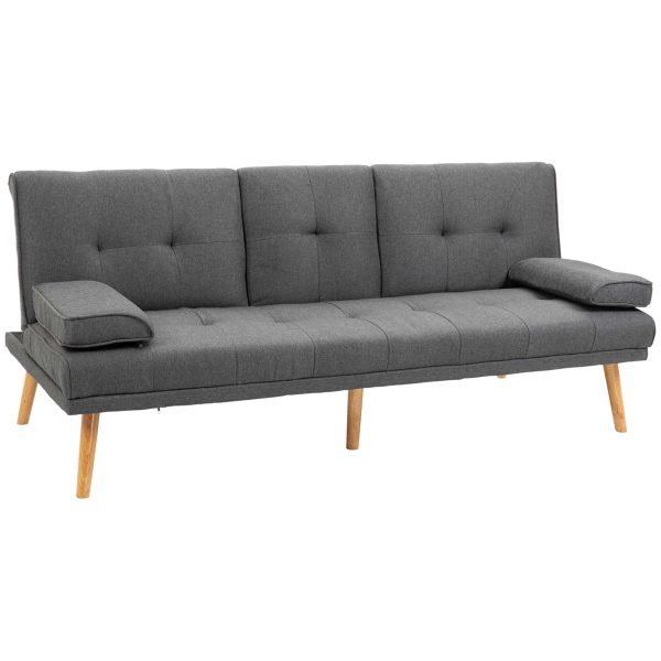 Sofá Cama 3 Lugares com Encosto Ajustável de 3 Níveis Apoio para os Braços Desmontável e 2 Suportes para Copos