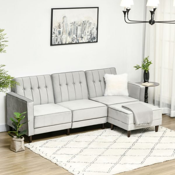 Sofá Cama com Chaise Longue de 3 Lugares com Encosto Ajustável e Apoio para os Pés 218x85x86cm