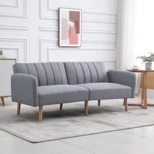 Sofá Cama de 2 Lugares com Encosto Ajustável em 3 Posições Apoio para os Braços Desmontável e Pés de Madeira Sofá Duplo Moderno para Sala de Estar Escritório 173x75x73cm Cinza