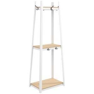 Suporte para Cabides de 3 Níveis com 6 Ganchos e Prateleiras Armazenamento Entrada Corredor Quarto Sala 61x41x165 cm Natural