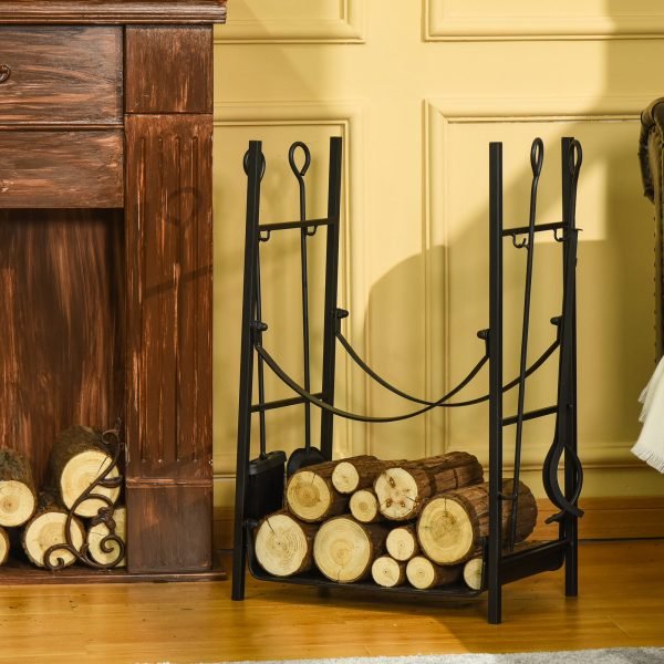 Suporte para Lenha de 2 Níveis Porta Lenha Exterior e Interior Metálico com 4 Ferramentas para Lareira Carga Máx. 70kg 44