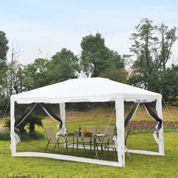 Tenda de jardim com redes mosquiteiras laterais de telhado duplo e portas com fecho, 4x3M, preto e branco - Image 1