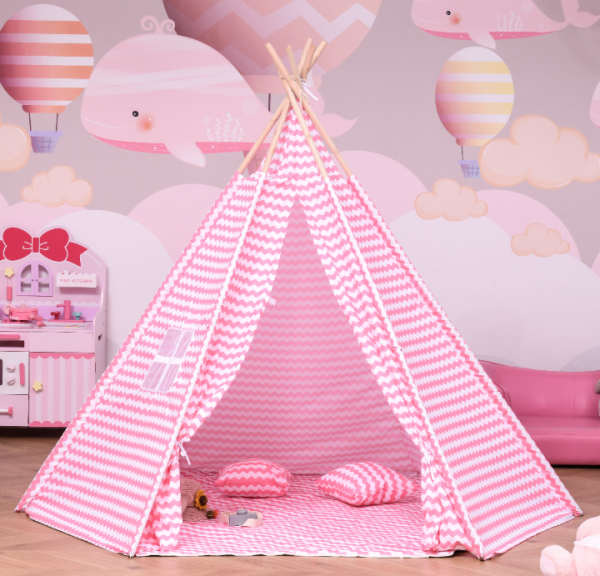 Tenda Infantil Tipi estilo índio com 2 almofadas e Bolsa de transporte 200x200x170 cm, Cor Rosa - Image 1