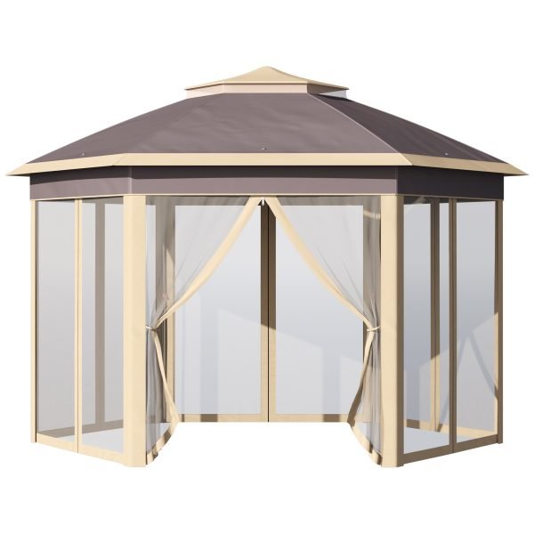 Tenda de Jardim Hexagonal com Duplo Teto 6 Mosquiteiras Amovíveis Bolsa de Transporte Altura Ajustável e Anti-UV