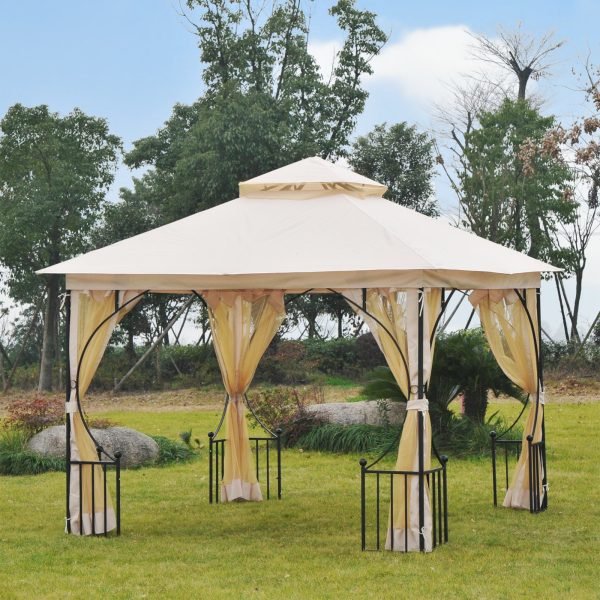 Pérgula - Tenda de jardim 3x3m com 4 cortinas laterais com zíper e telhado duplo com 8 furos de drenagem, Cor bege - Image 1