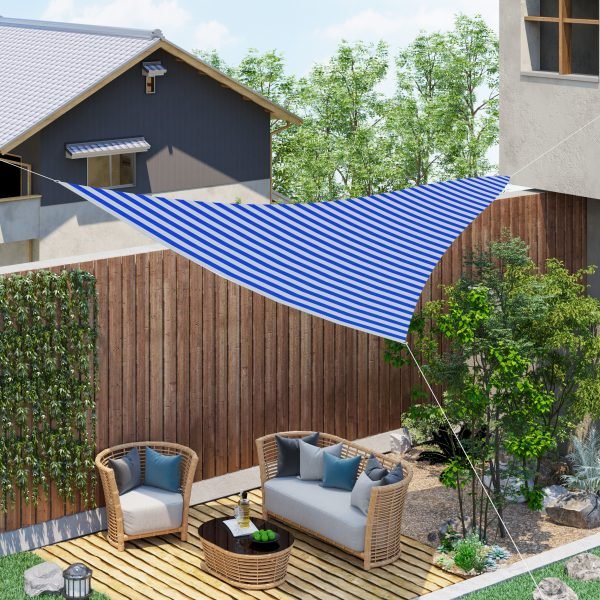 Toldo de vela triangular de sombra HDPE Proteção UV com anéis e cordas para jardim,  5x5x5M, Cor Azul e Branco - Image 1