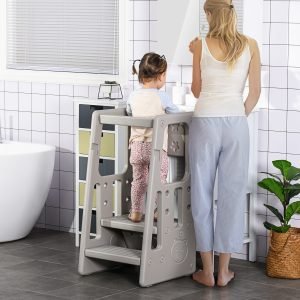 Banco Infantil com Altura Ajustável em 3 Posições e Plataforma Antiderrapante 47x47x90cm Cinza