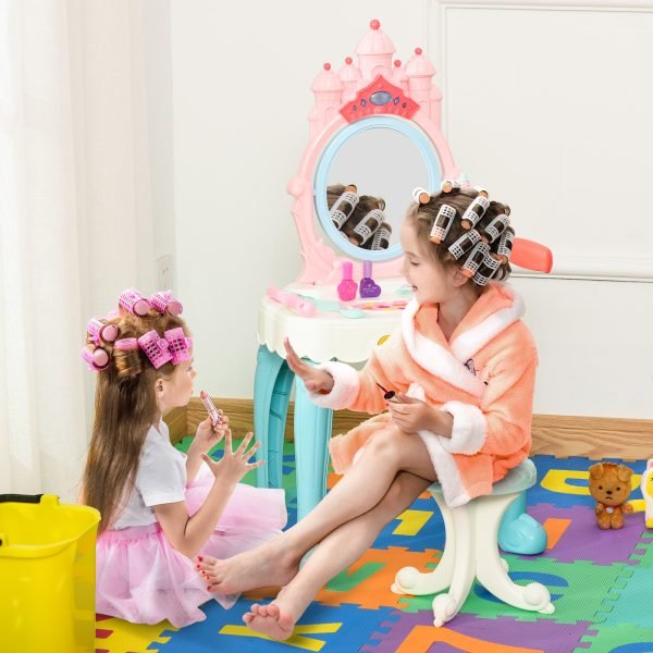 Toucador Infantil com Banco Espelho com Luz Música Secador e 20 Acessórios Toucador de Maquilhagem para Crianças acima de 3 Anos 41x27x82cm Multicolor
