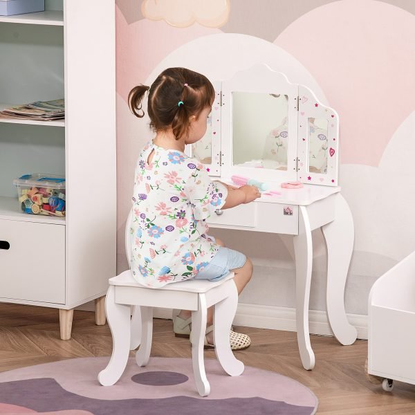 Toucador Infantil de Madeira com Banco e Espelho de Acrílico de 2 Sessões Mesa de Maquilhagem Infantil com Gaveta para Dormitório Sala de Jogos 63x40x85
