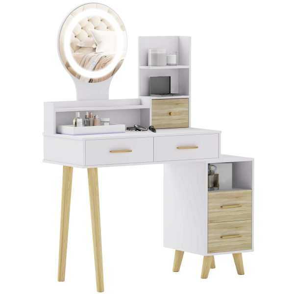 Toucador com Espelho e Luzes LED Ajustáveis 100x44x137 cm Branco e Madeira