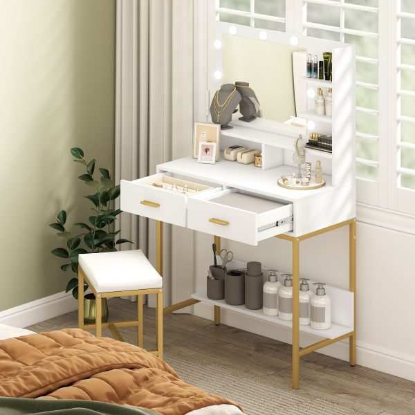 Toucador de Maquilhagem com Luz e Banco Mesa 2 Gavetas Prateleiras Armazenamento Estilo Moderno para Quarto Branco - Image 1