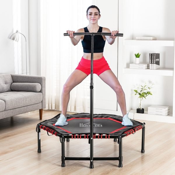 Trampolim Fitness Ø122 Cama Elástica com Guiador Ajustável de 3 Níveis 122-138cm com Capa Protetora e Estrutura de Aço para Interiores e Exteriores Preto e Vermelho