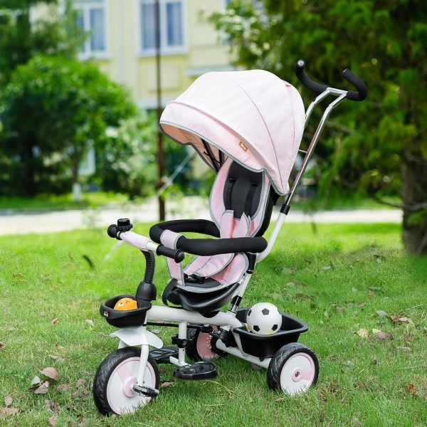 Triciclo para Bebé 2 em 1 Triciclo Evolutivo para Crianças de 1-5 Anos com Capô Dobrável Guiador Telescópico Grade de Proteção Removível e Apoio para os Pés 100x48x106cm Rosa