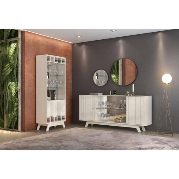 Estante Grenoble com 4 portas, em vidro e madeira na cor branco quebrado, 180 cms - Image 1