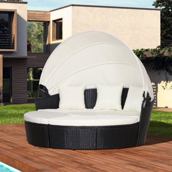 Conjunto Exterior 2 em 1 Cama redonda com toldo e poltronas conversíveis Conjunto Exterior 2 em 1 Toldo Redondo com Cama e Poltronas Conversíveis 180x175x147cm