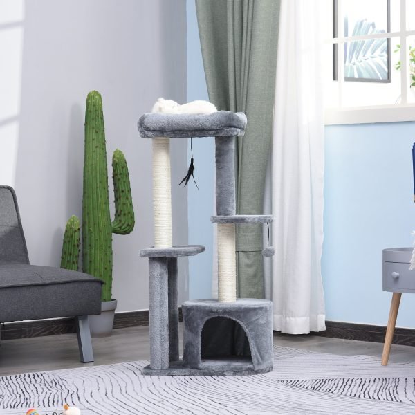 PawHut Árvore de gato de vários níveis Raspador com 1 quarto e 2 plataformas cinza