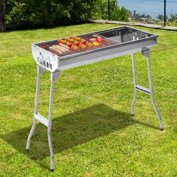 Churrasqueira portátil e dobrável de aço inoxidável com grelha a carvão e desenho de ventilação 73x33x71 cm prata